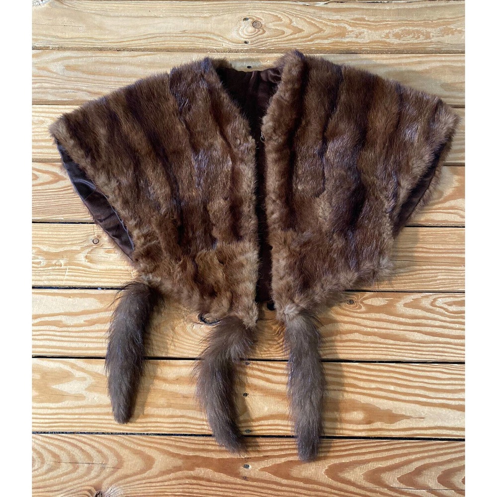 Vintage Real Fur Shrug Shawl Scarf With Fur Tassel Size Small Women’s Brown